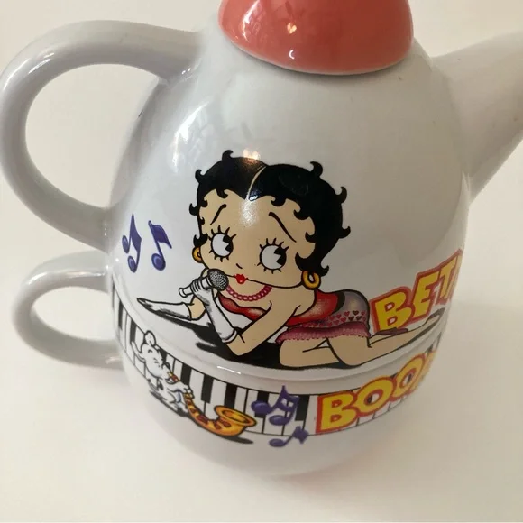 VINTAGE | 1998 BETTY BOOP CARTOON TEA-4-ONE 18 OZ POT & MUG SET Pink Top - Picture 2 of 10